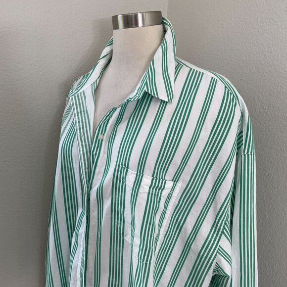 Old Navy Womens XL Boyfriend Shirt Green White Vertical Stripe Button Up Blouse - Picture 2 of 10